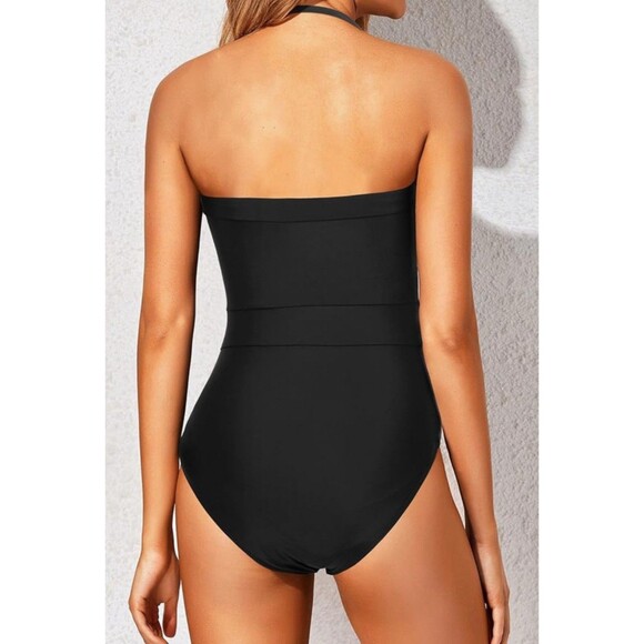 Women Black Bandeau One Piece Swimsuit Tummy Control Bathing Suit Halter size L - Picture 3 of 13